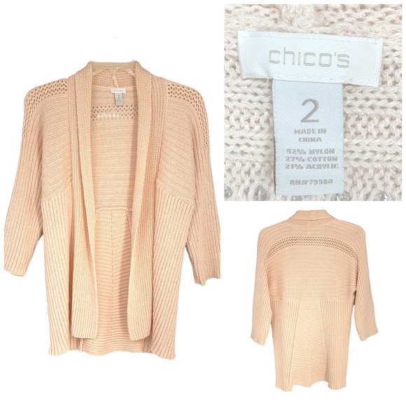 Chico's Sz 2 L Peachy Pink Open Front Chunky Ribbed Knit Cardigan Sweater - Picture 1 of 6
